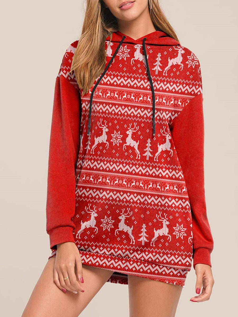 Women's sweater Christmas hooded long sleeve elk print