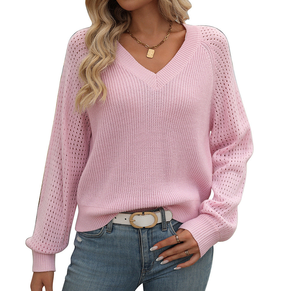 Women's sweater Knitted, long sleeves, elegant openwork V-neck