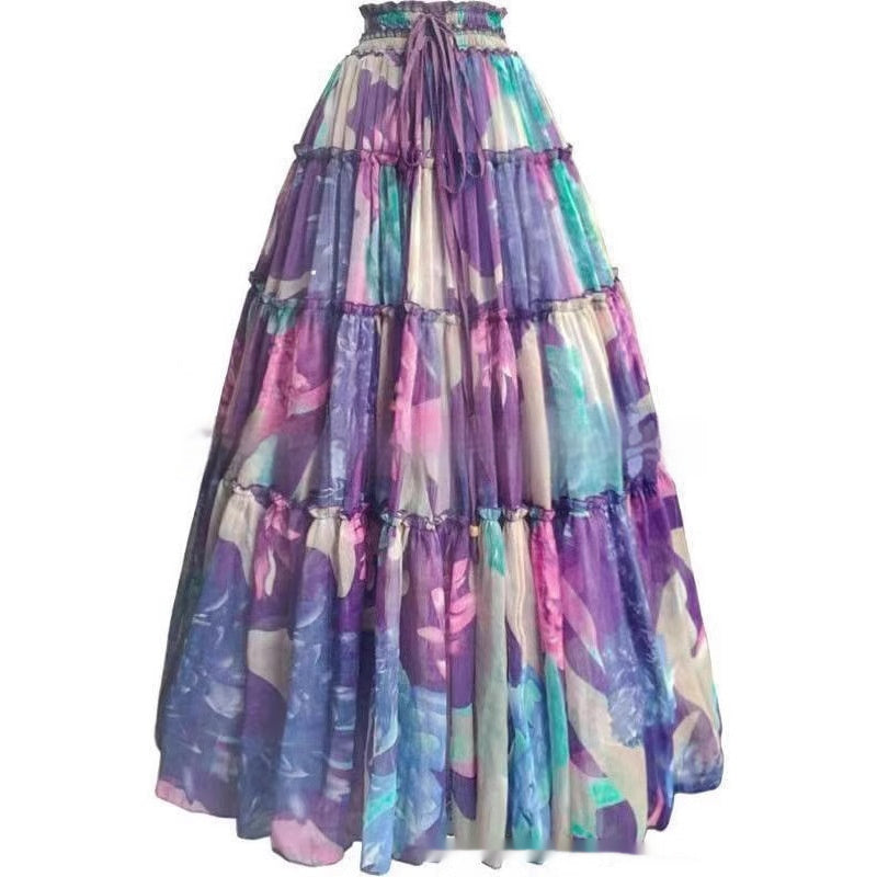 Women's long skirt pleated muslin elegant floral print wide hem