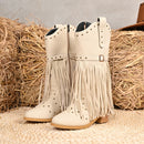 Women’s Mid Boots Elegant Western Cowboy Belt Buckle Rivet Tassel-6