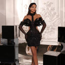 Mini Dress Evening elegant, sequin feather halter with gloves.