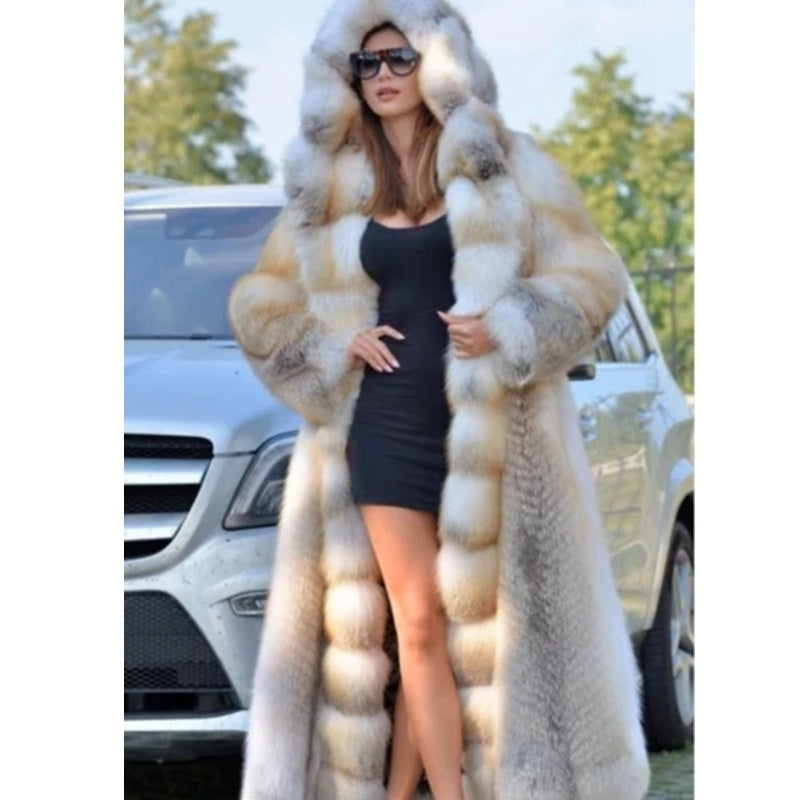 Women's coats in fox fur thick with hood warm elegant long sleeves