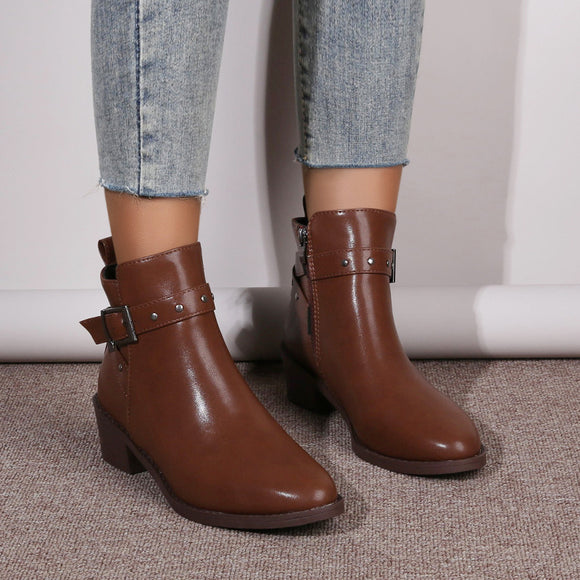 Women's Boots Elegant Retro Chunky Heel Studded Buckle Pointed Toe