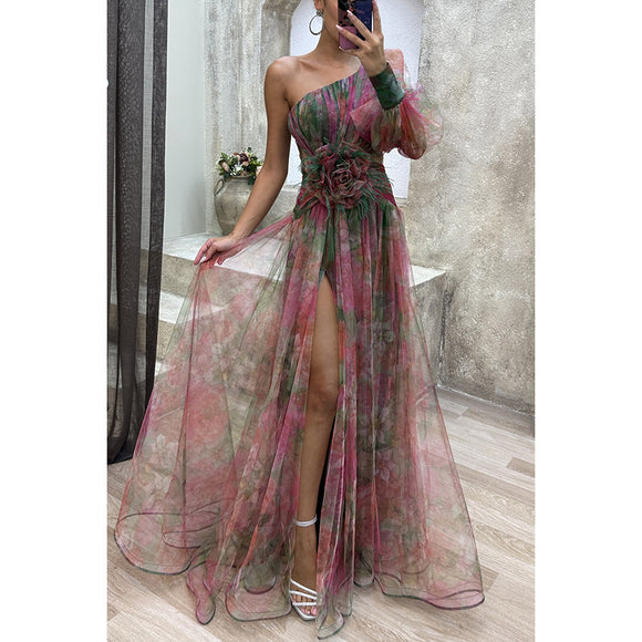 Women’s Sexy Maxi Dress Elegant Tie Dye Mesh Off Shoulder Slit