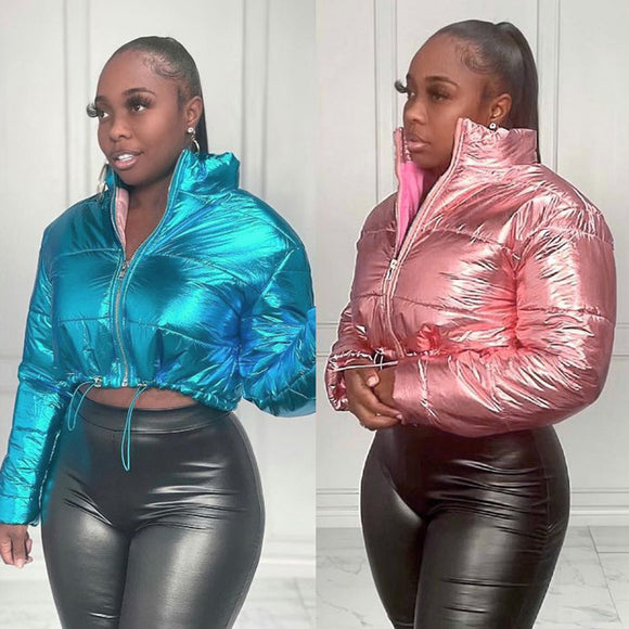 Women's jacket short puffy padded brilliant elegant zipped long sleeve