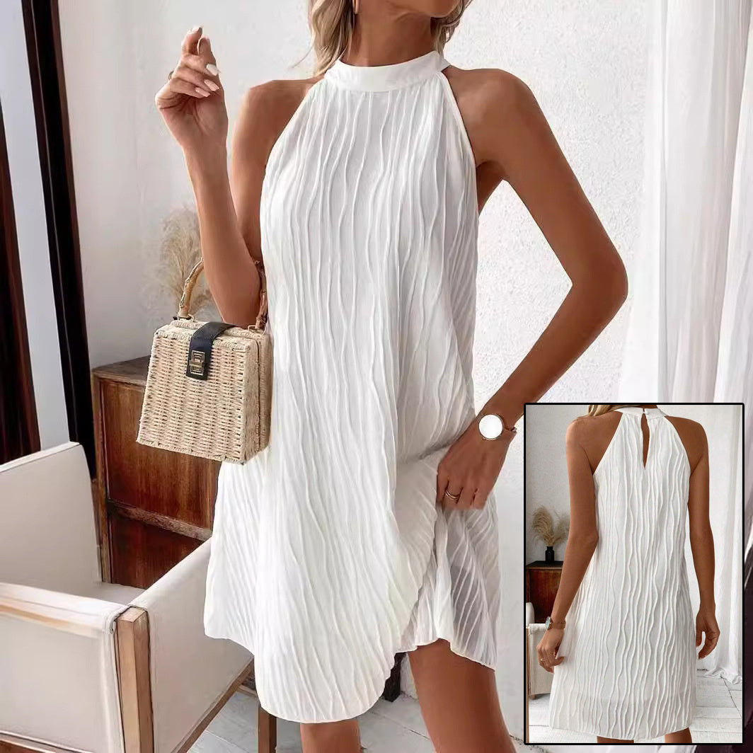 Women's dress backless elegant pure color halter neck