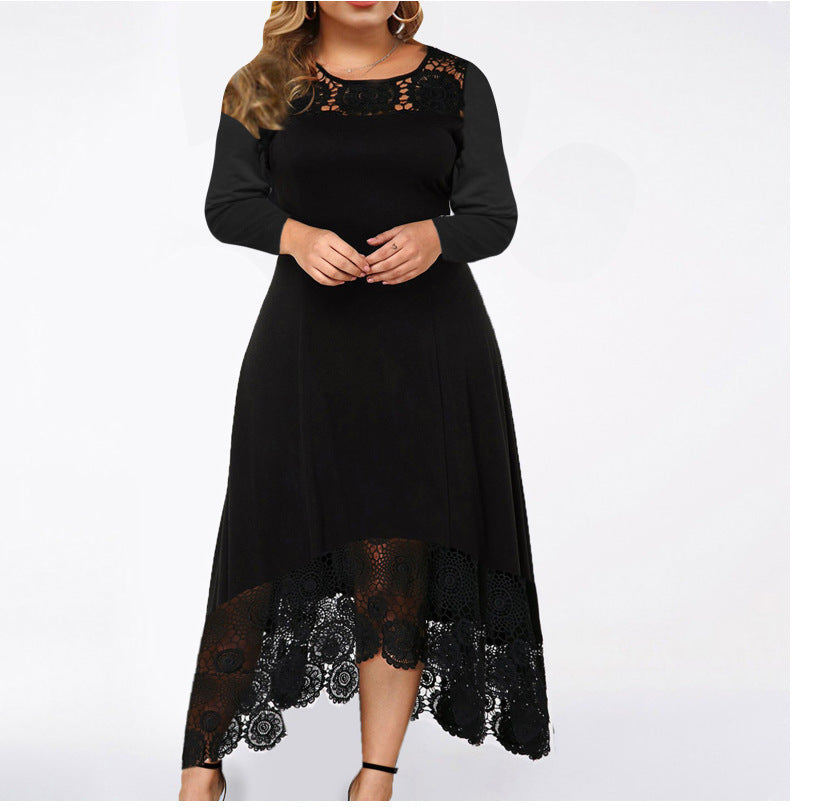 Women's dress in lace hem elegant round neck long sleeves