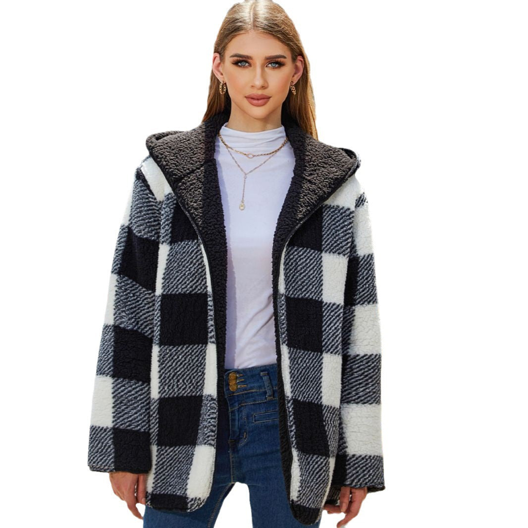 Women's coat hooded elegant checkered print warm and loose