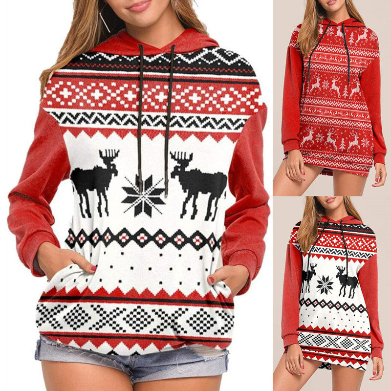 Women's sweater Christmas hooded long sleeve elk print