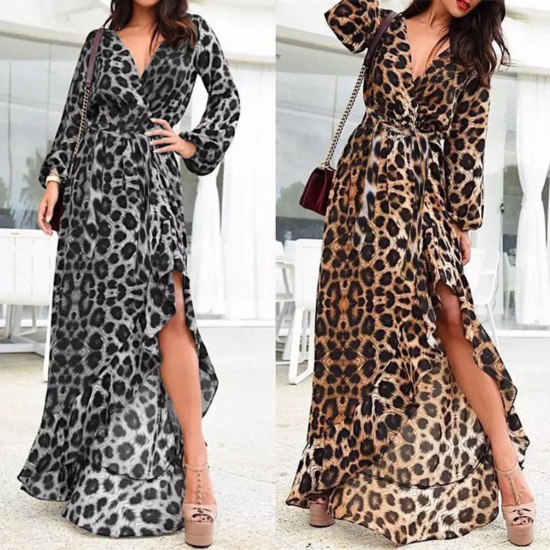 Women Long Maxi Kaftan Flare Swing Sexy Slit Leopard Print Dress, V-neck