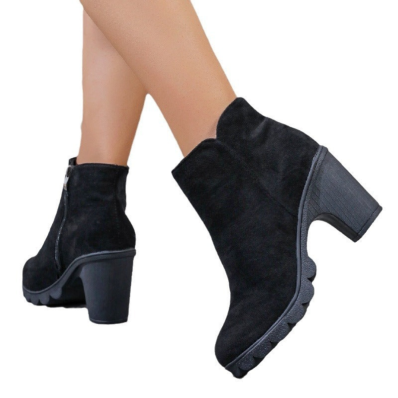 Women's Boots square heel elegant round toe with zipper waterproof