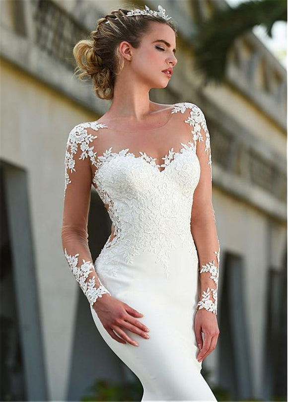 Mermaid Wedding Dress Lace Satin Simple Vintage Scoop Neck Full Sleeves
