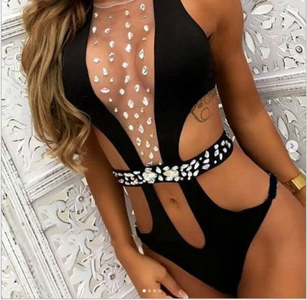 Women's swimsuit one-piece diamond see-through cutout