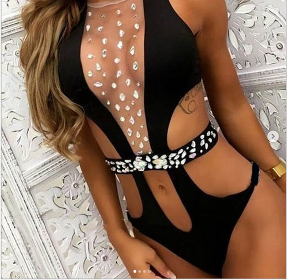 Women's swimsuit one-piece diamond see-through cutout
