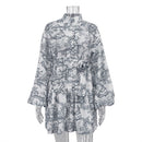 Elegant Boho Trapeze Dress women Printed with Puff Sleeves-8
