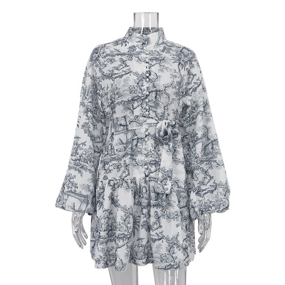 Elegant Boho Trapeze Dress women Printed with Puff Sleeves