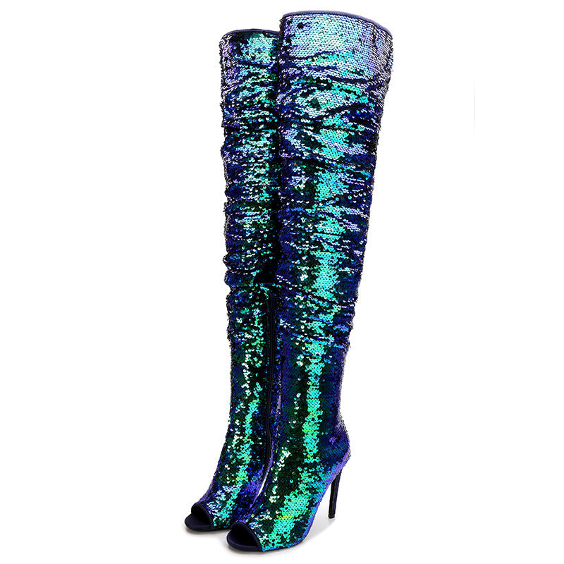 Women's Boots long high heels stiletto sequins elegant with fish mouth