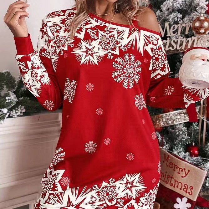 Women's Christmas dress snowflake print long sleeves sloping shoulders