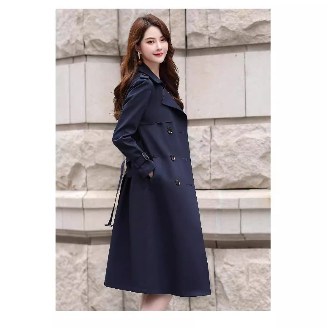 Women's trench coat over knee with belt double-breasted