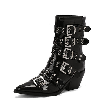Comprar charol-negro Botas para mujer elegantes puntiagudas estilo caballero con hebilla de cinturón punk