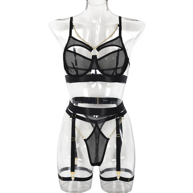 Acheter noir Ensemble de lingerie pour femme trois pièces élégant creux sexy