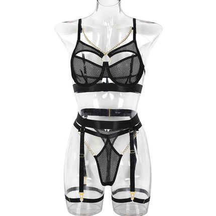 Buy black Women's lingerie set three pieces elegant hollow sexy
