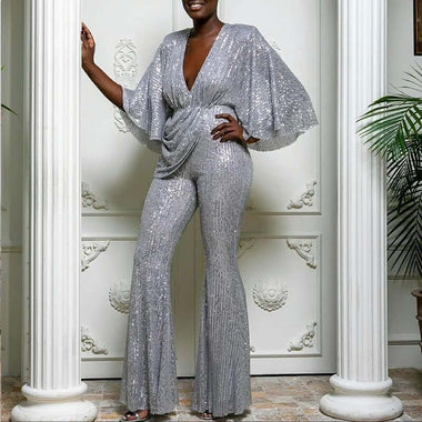 Jumpsuit Sexy Sequined Deep V Neck Large Size for women