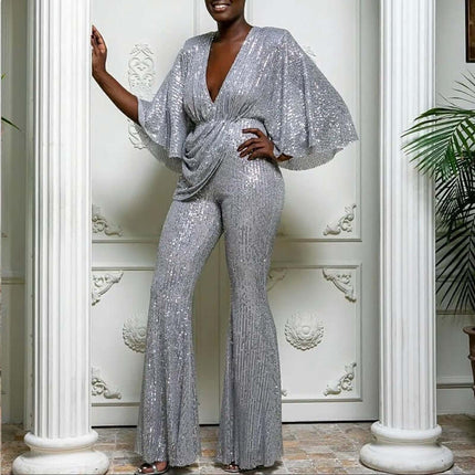 Jumpsuit Sexy Sequined Deep V Neck Large Size for women