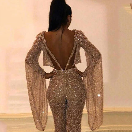 Women's Jumpsuit Elegant Two Piece Sequin Backless Long Sleeve