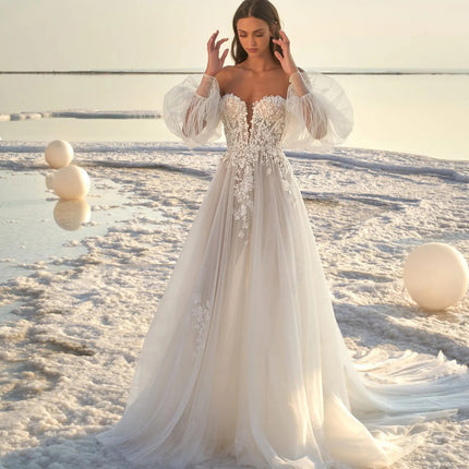 Women’s Beach Wedding Dress Elegant Lace Puff Sleeve Appliques for Bride