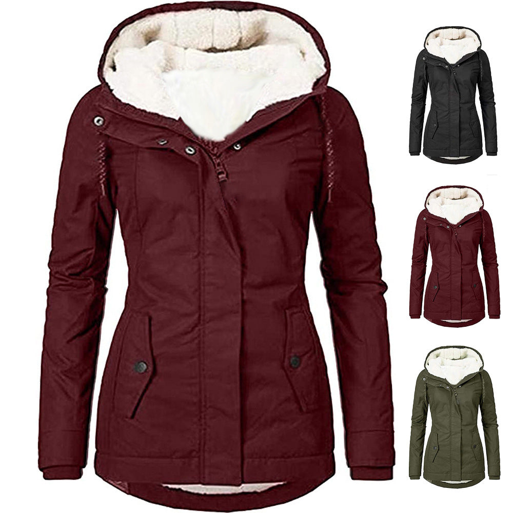 Women's coat with pockets hooded solid plush thickened zipper long sleeves