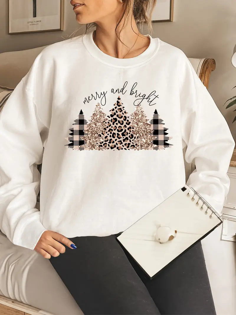 Sudadera de mujer con estampado navideño elegante cuello redondo