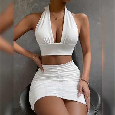 Elegant Halter Lace-Up Top And Pleated Skirt Set for Women