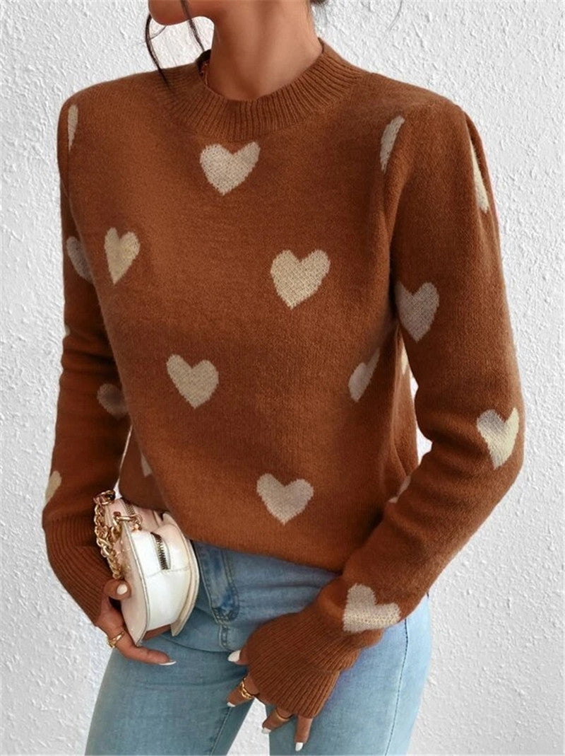 Women's Sweater knitted loose round neck elegant, heart pattern, soft