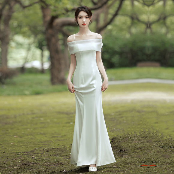 Women's Light Wedding Dress Satin Strap Suspender Tail Gown