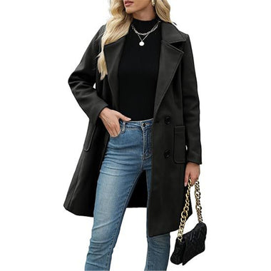 Buy black Women’s Coat Elegant Slim-Fit Mid-Length Double-Breasted Turn-Down Collar
