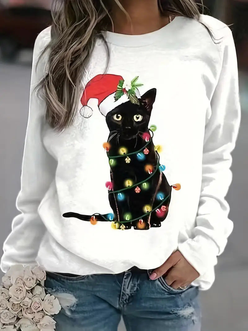 Sudadera de mujer con estampado navideño elegante cuello redondo