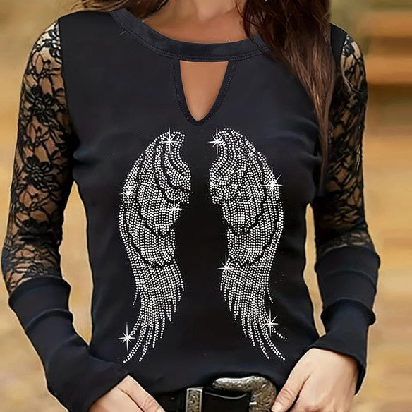 Camiseta de mujer con cuello redondo, estampado de alas, de manga larga