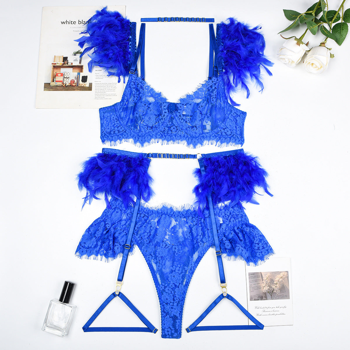 Women's lingerie set elegant sexy lace feather bra panty