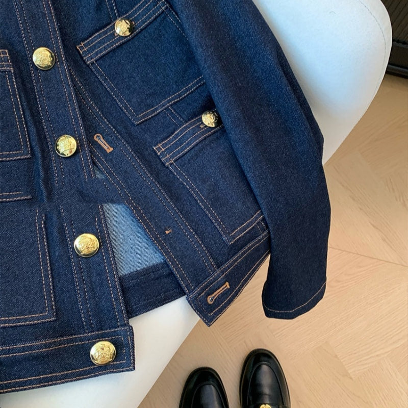 Women's jacket denim elegant blue retro round neck high quality