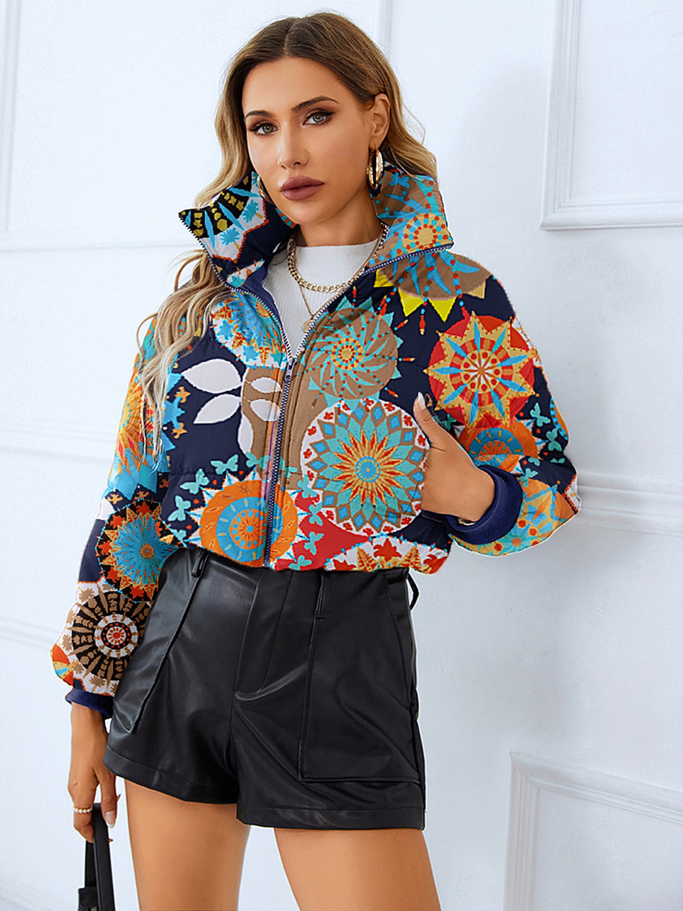 Women's jacket short puffy padded elegant high collar flower print