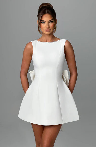 Sexy Mini Dress Women Big Bows Beads Elegant Backless Sleeveless Party Dress