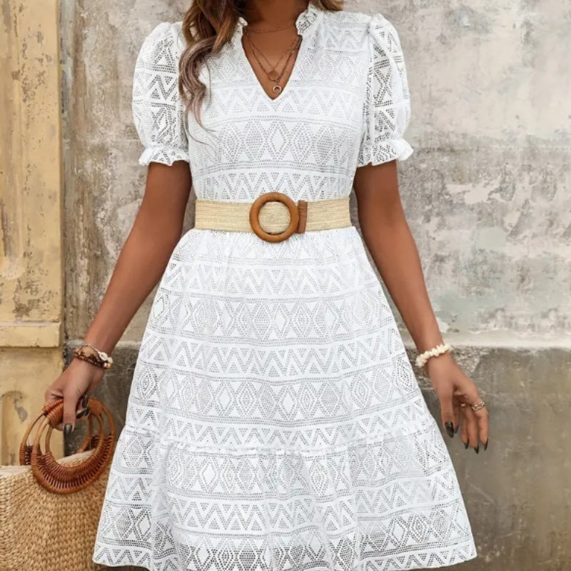 Women's dress openwork geometric pattern lantern sleeves elegant