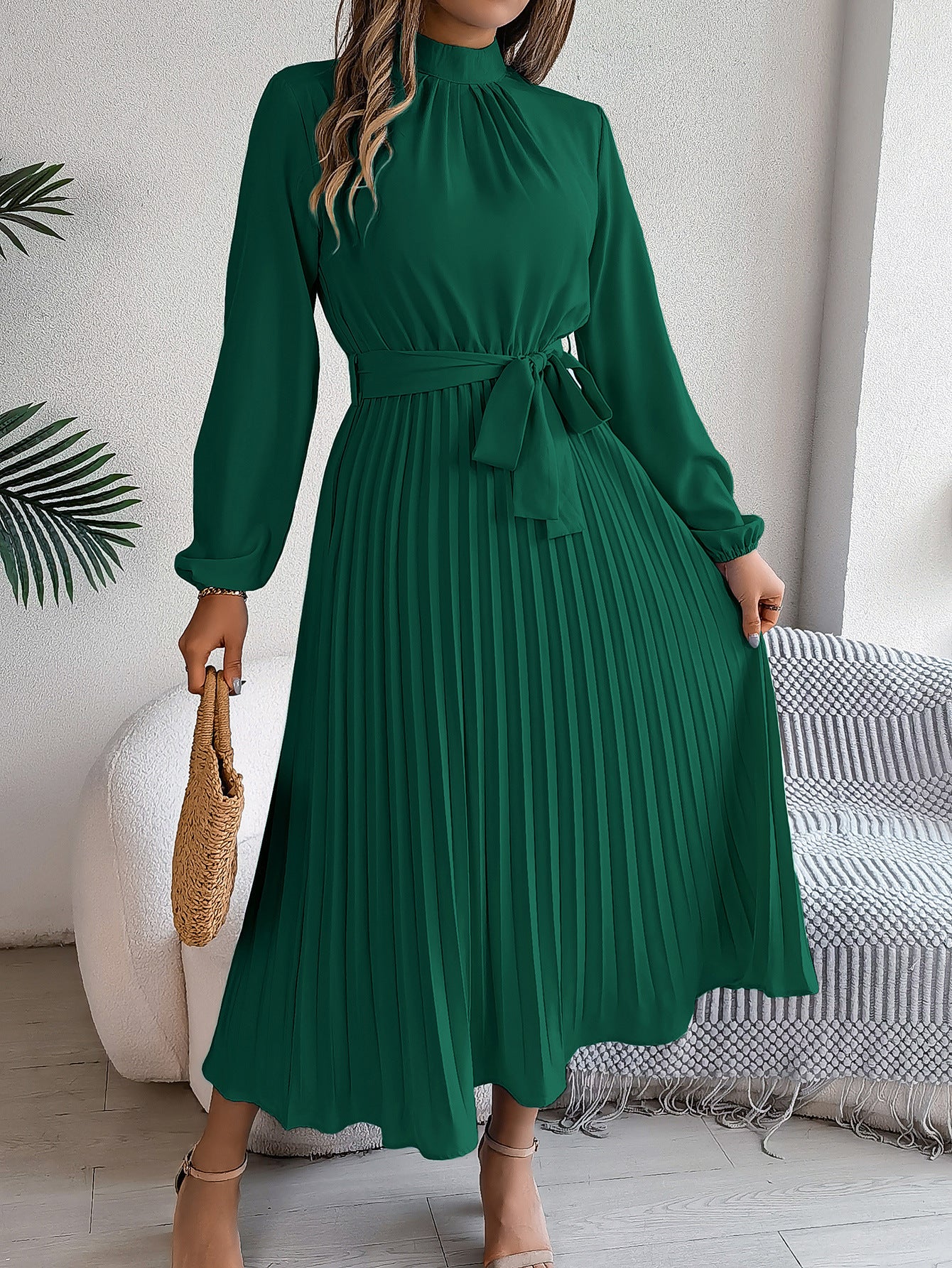 Women's dress flared pleated elegant belted long sleeve stand collar