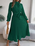 Women's Elegant Dress Flared Pleated Belted Long Sleeve Stand Collar