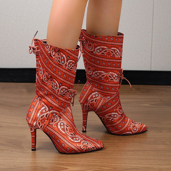 Women's Boots mid-calf fashion printed elegant stiletto heels pointed toe
