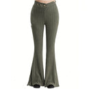 Women's Pants long, Ribbed Crossed Buttoned,  Solid Color, Casual