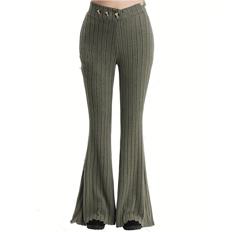 Women's Pants long, Ribbed Crossed Buttoned,  Solid Color, Casual