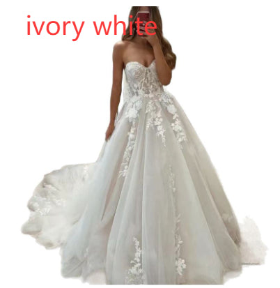 Women’s Wedding Dress Elegant Strapless Lace Tulle A Line Bridal Ball Gown