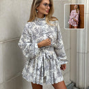 Elegant Boho Trapeze Dress women Printed with Puff Sleeves